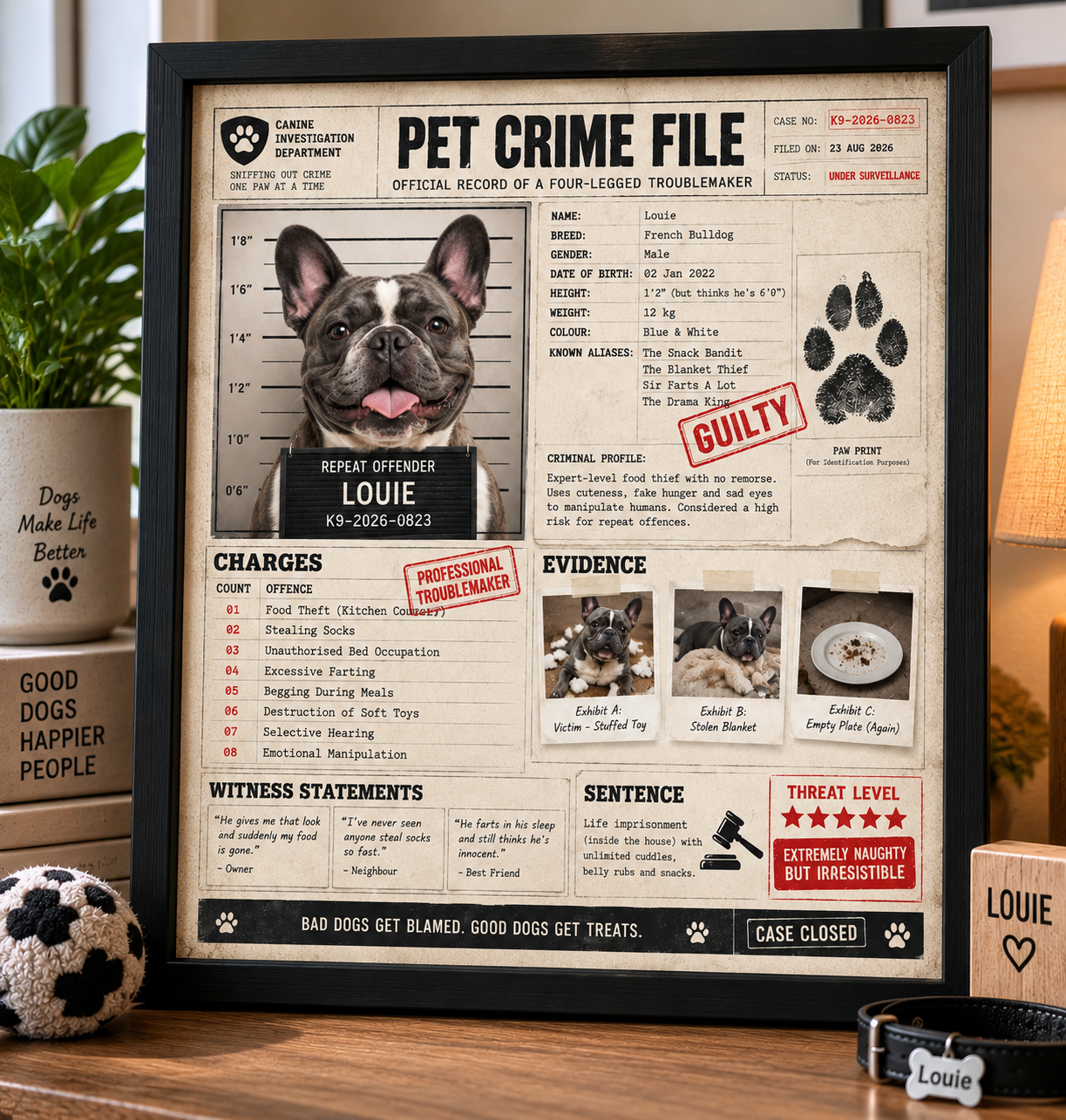 Dog owner holding a framed Pet Crime File